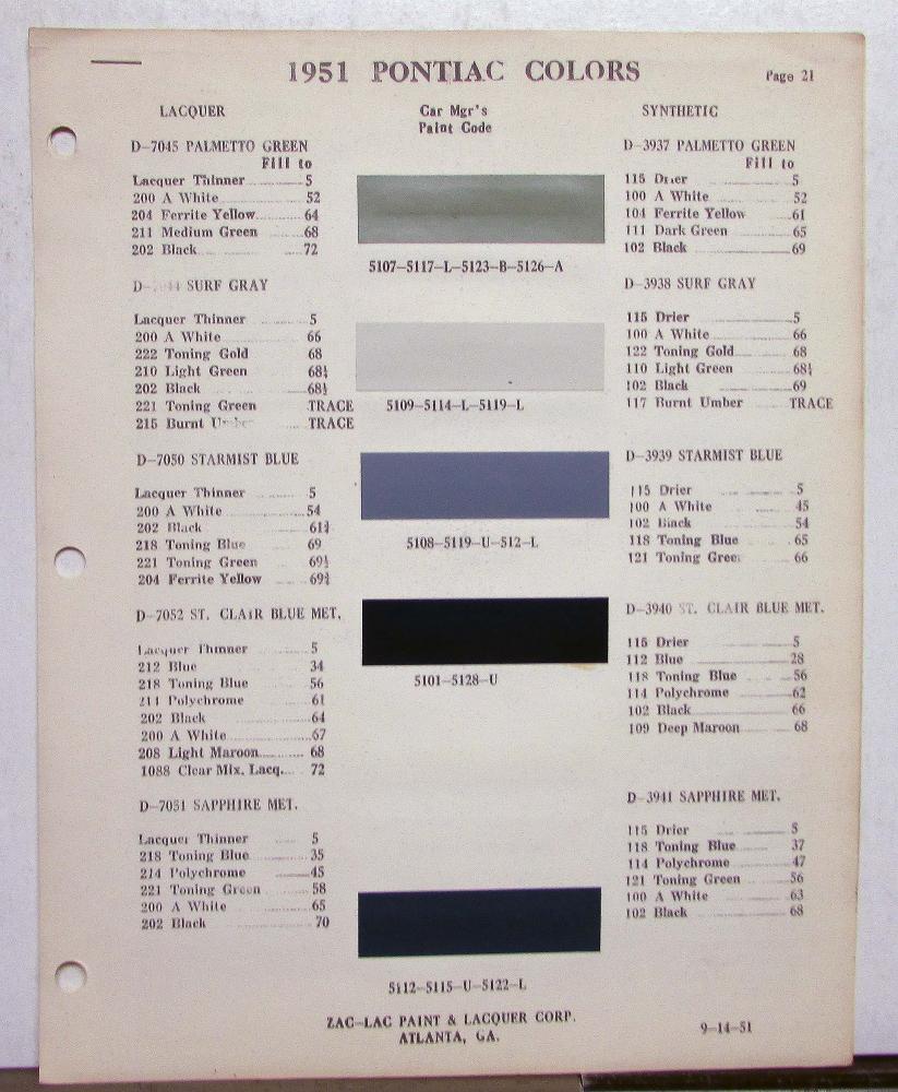 1951 Pontiac Zac-Lac Paint & Lacquer Automotive Paint Chips Bulletin Original
