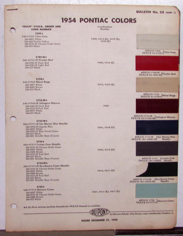 1954 Pontiac DuPont Automotive Paint Chips Bulletin #24 Original