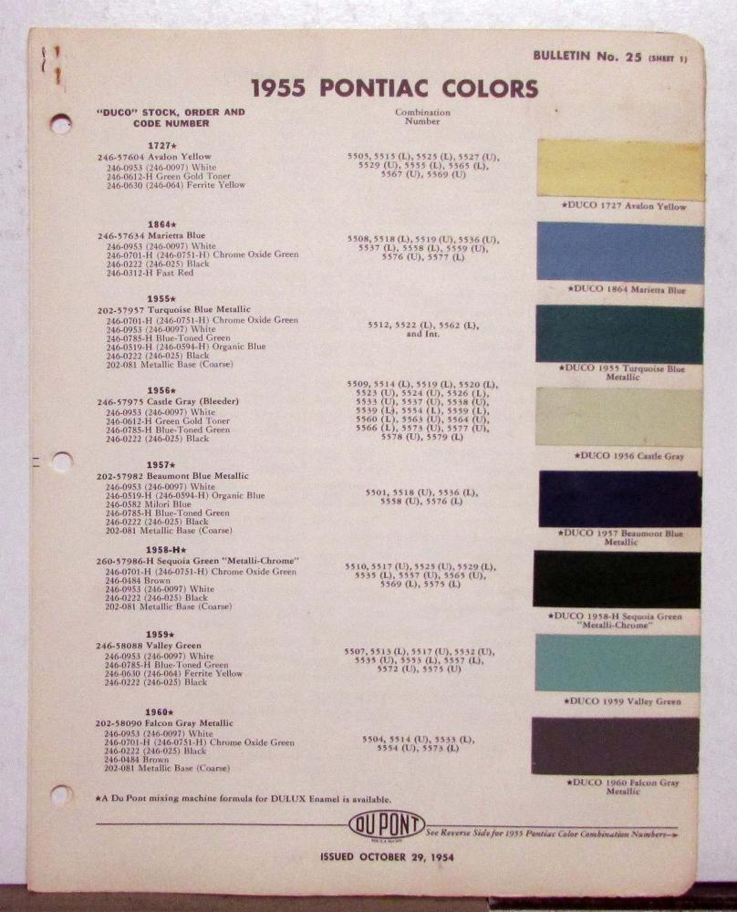 1955 Pontiac DuPont Automotive Paint Chips Bulletin #25 Original