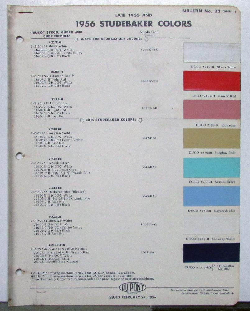 1955 1956 Studebaker DuPont Automotive Paint Chips Bulletin #22 Original