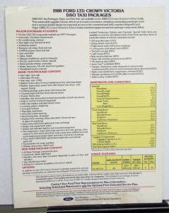 1988 Ford LTD Crown Victoria Taxi Cab Fleet Dealer Sales Sheet Features Options