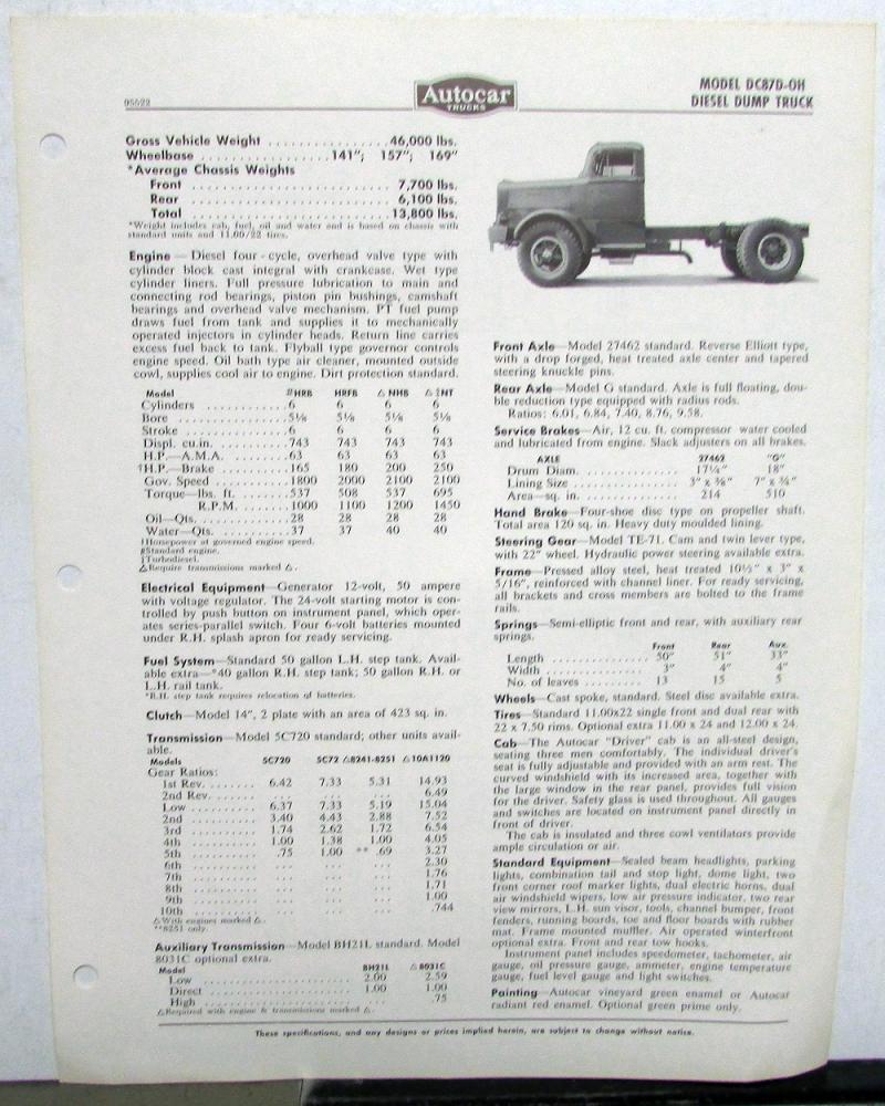 1958 Autocar Model DC87D-OH Diesel Dump Truck Dealer Sales Specifications Sheet