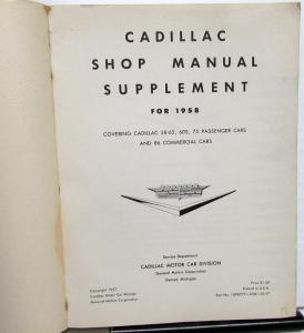 1958 Cadillac Service Shop Manual Supplement 58-62 60S 75 & 86 Commercial Cars