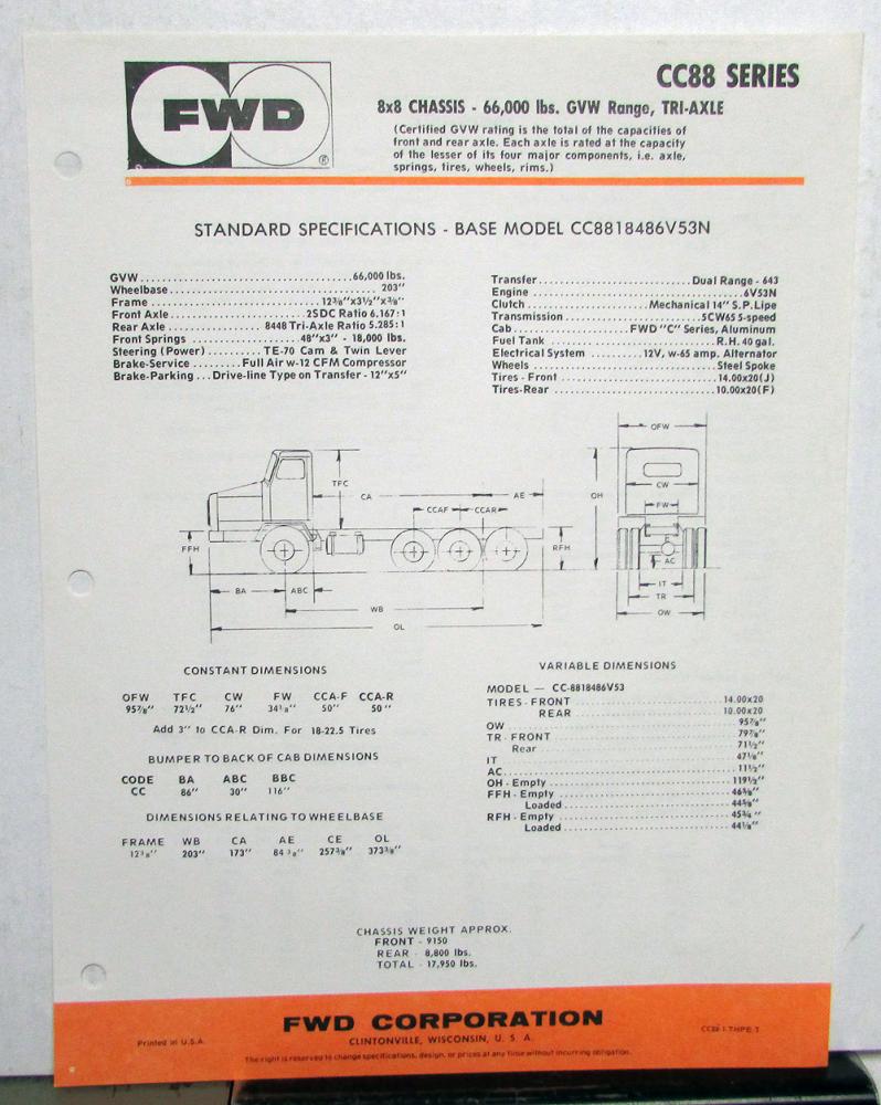 1975 1976 FWD Trucks CC88 Series Dealer Sales Specifications Sheet