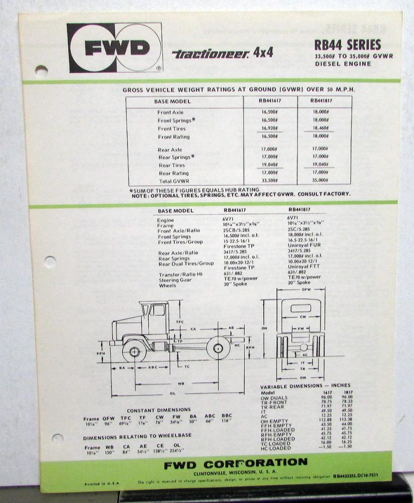 1976 FWD Trucks Tractioneer 4X4 RB44 Diesel 33500-35000 GVW Specifications Sheet