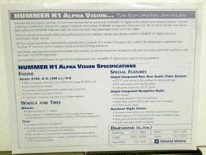2006 Hummer H1 Alpha Vision Prototype Concept Vehicle Spec Sheet Handout