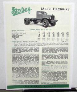 1938 1939 Sterling Trucks HC200 RB Dealer Brochure Specifications Sheet Repro