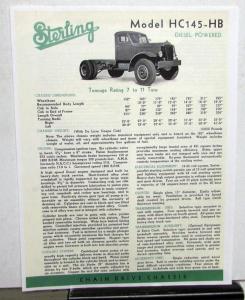1938 1939 Sterling Trucks HC145 HB Diesel Brochure Specifications Sheet Repro