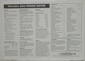 1988 Land Rover Range Rover Spec Sheet - Swedish Text