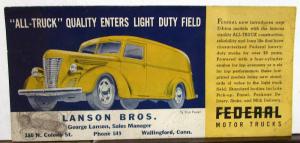 1939 1940 Federal Trucks Panel Dealer Promo Ink Blotter Lanson Bros Connecticut