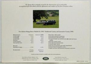 1993 Land Rover Range Rover County and County LWB Specifications Card