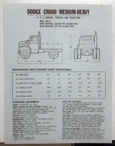 1974 Dodge CN800 Medium Heavy 4X2 Gasoline Truck Tractor Sales Sheet