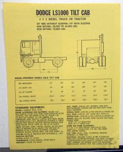 1974 Dodge LS1000 Tilt Cab 4x2 Diesel Truck Tractor Sales Sheet