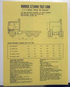 1974 Dodge LT1000 Tilt Cab 6x4 Diesel Truck Tractor Sales Sheet