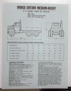 1974 Dodge CNT800 Medium Heavy 6x4 Diesel Truck Tractor Sales Sheet