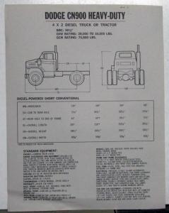 1974 Dodge CN900 Heavy Duty 4x2 Diesel Truck Tractor Sales Sheet