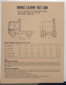 1973 Dodge LS1000 Tilt Cab With Sleeper Dimensions Sales Sheet