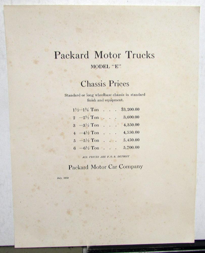 1919 Packard Motor Trucks Model E Chassis Price List Dealer Original Rare