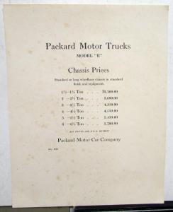 1919 Packard Motor Trucks Model E Chassis Price List Dealer Original Rare