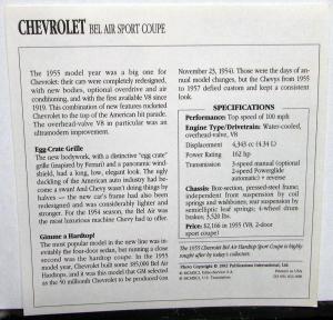 1955 Chevrolet Bel Air Sport Coupe Collectible Photo Specifications Card