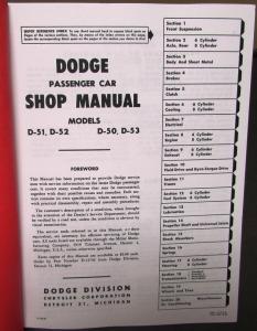 1954 Dodge Passenger Car Dealer Shop Service Manual D-51 52 50 53