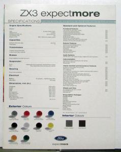 2001 Ford Focus ZX3 Paint Colors Options Features Sales Tri-Folder CANADIAN