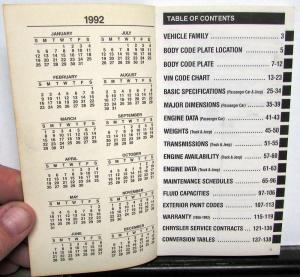 1992 Chrysler Dodge Plymouth Jeep Dealer Service & Parts Data Handbook Specs