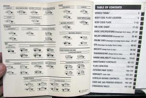 1996 Chrysler Dodge Plymouth Jeep Dealer Service & Parts Data Handbook Specs