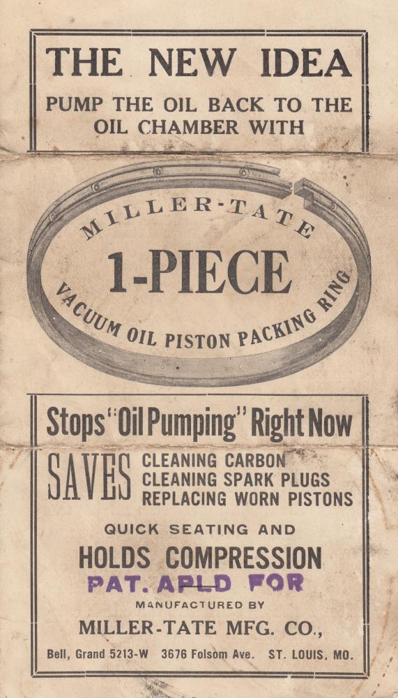 1922 Miller-Tate 1-Piece Vacuum Oil Piston Packing Ring Sales Promotion