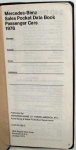 1976 Mercedes-Benz Sales Pocket Data Book for Passenger Cars