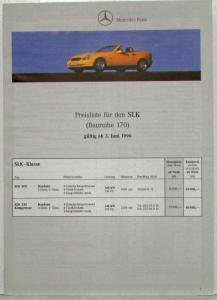 1996 Mercedes-Benz SLK Sales Brochure with Price Sheet - German Text