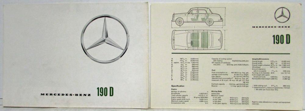 1961 Mercedes-Benz 190D Sales Brochure Folder with Spec Data Sheet ExP 2233