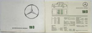 1961 Mercedes-Benz 190D Sales Brochure Folder with Spec Data Sheet ExP 2233