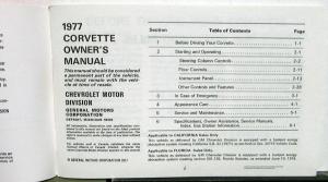 1977 Chevrolet Corvette Owners Manual Care & Operation Instructions Reproduction