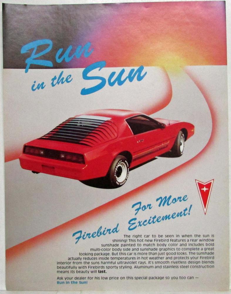 1980s Pontiac Firebird Run in Sun Window Sunshade & Side Body Graphics Sales Ad