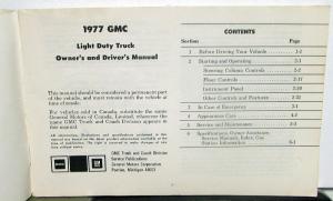 1977 GMC Truck 1500 thru 3500 Models Owners and Drivers Manual except G Models