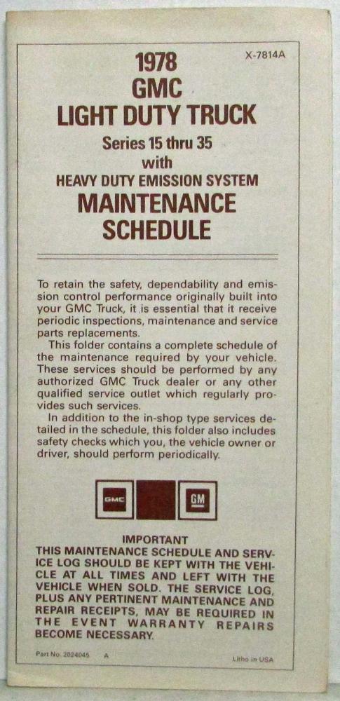 1978 GMC Light Duty Truck Series 15-35 Heavy Duty Emission Maintenance Schedule