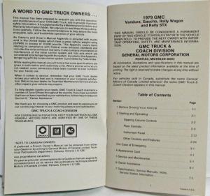 1979 GMC Vandura Gaucho Rally Wagon Rally STX Models Owners and Drivers Manual