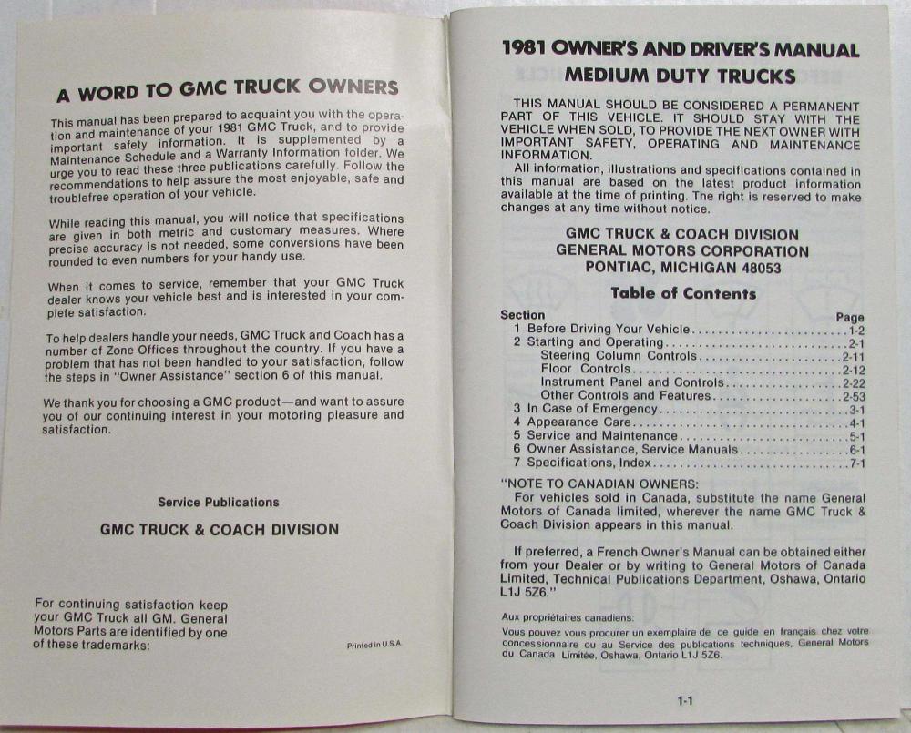 1981 GMC Medium Duty Truck Owners and Drivers Manual