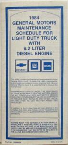 1984 General Motors Maintenance Schedule for Light Duty Truck 6.2L Diesel Engine