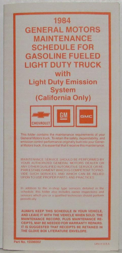 1984 GM Maintenance Schedule for Gas Lt Duty Truck with Lt Duty Emission CA Only