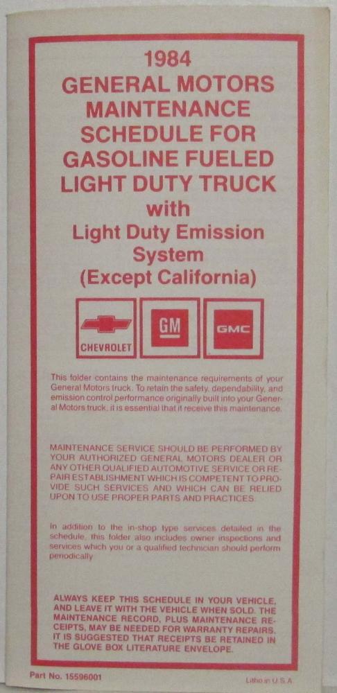 1984 GM Maintenance Schedule for Gas Lt Duty Truck with Lt Duty Emission Exc CA