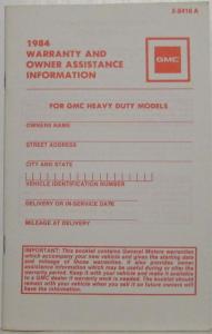 1984 GMC Truck Heavy Duty Models Warranty and Owner Assistance Information