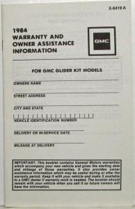 1984 GMC Truck Glider Kit Models Warranty and Owner Assistance Information