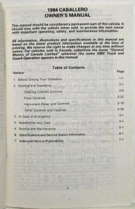 1984 GMC Truck Caballero Owners and Drivers Manual