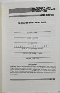 1985 GMC Truck Forward Models Warranty and Owner Assistance Information