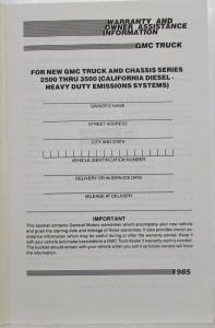 1985 GMC Truck/Chassis 2500-3500 Warranty and Assistance Info CA Diesel HD Em