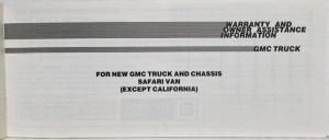 1985 GMC Safari Van Warranty and Owner Assistance Information - Except CA