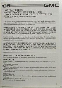 1985 GMC Light Duty Truck with Light Duty Emissions Maintenance Schedule Booklet