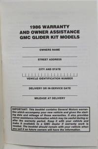 1986 GMC Truck Glider Kit Models Warranty and Owner Assistance Information